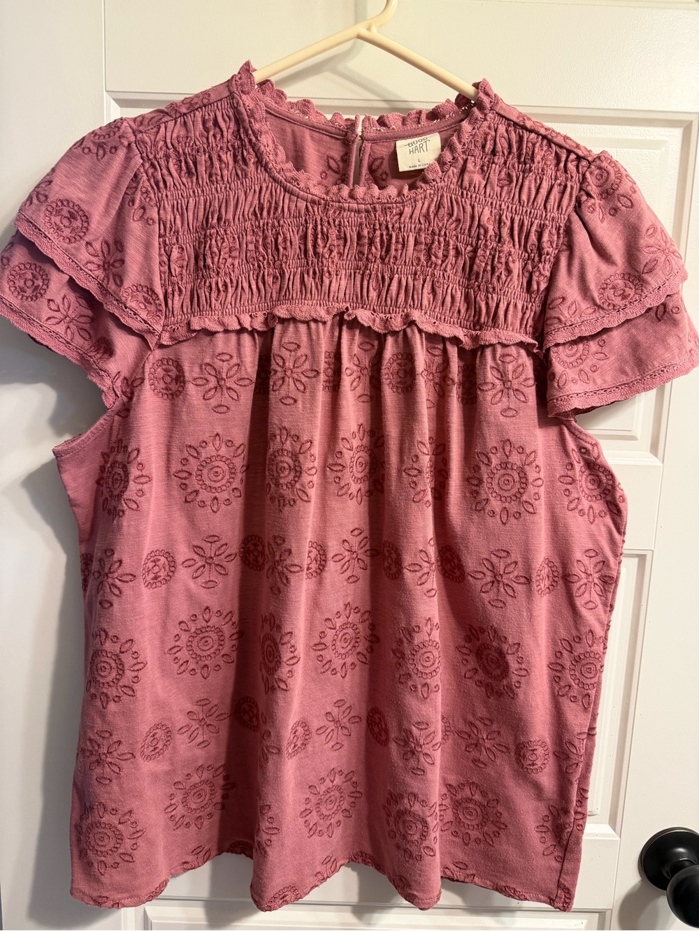 Good Hart Smocked Rose Pink Eyelet Flutter Sleeve Blouse